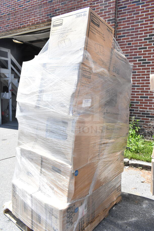 Plastic-wrapped pallet with 27 Rubbermaid scratch and dent items including trash can bases and lids, ingredient bin lid.