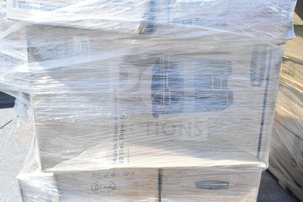 27 boxed, brand new scratch and dent items including Rubbermaid trash cans and lids, wrapped in plastic.