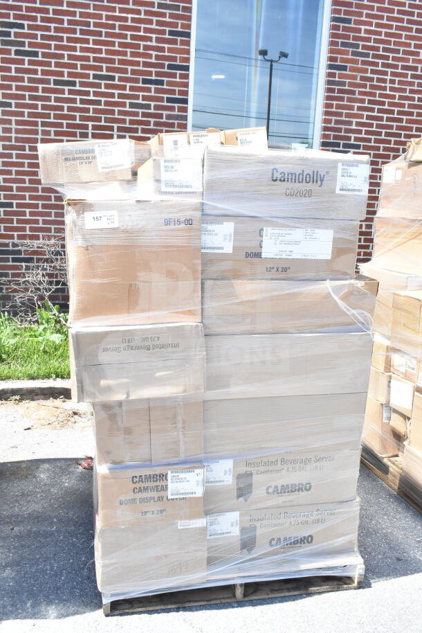 Pallet of 30 brand new scratch and dent items, including Camdolly CD300131 and Camwear DD1220ECW135 display dome, in boxes.