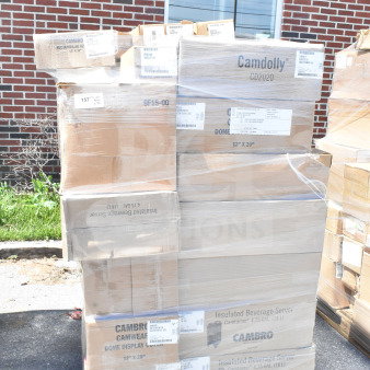 Pallet of 30 brand new scratch and dent items, including Camdolly CD300131 and Camwear DD1220ECW135 display dome, in boxes.