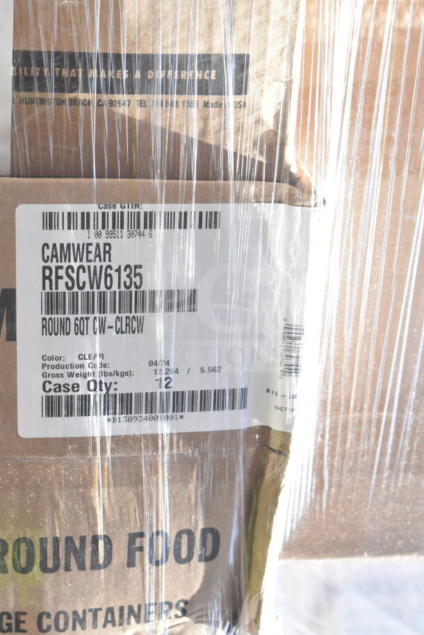 Stack of boxes wrapped in plastic featuring Camwear RFSCW6135 round 6QT containers label, indicating case quantity of 12. Brand new condition.