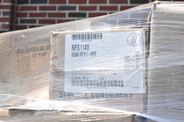 Pallet wrapped in plastic featuring boxes marked RFS1148, Round 10 Qt Ply, White. Includes barcodes and case quantity of 12.