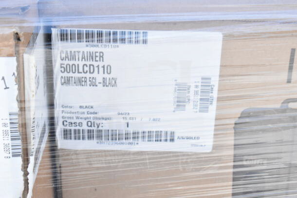 Label on Camtainer 500LCD110, 5GL Black, new condition, indicates production code 04/23 and case quantity of 1.