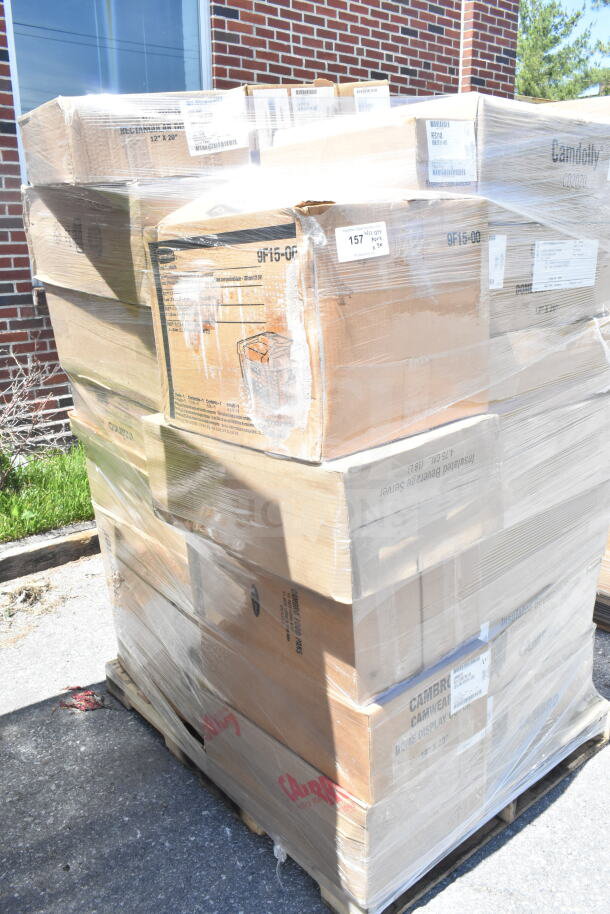 Shrink-wrapped pallet with 30 brand new scratch and dent items including Camdolly CD300131 and Camwear containers.