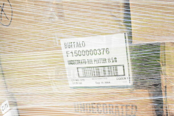 Plastic-wrapped pallet with Buffalo Undecorated Platters, 13 5/8", labeled F1500000376. Unused, scratch and dent sale.