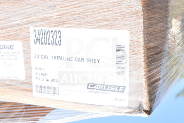 Stacked boxes labeled "Carlisle 34202323, 23 GAL Trimline Can Grey, 4 Each, Made in USA." Plastic-wrapped for shipping.