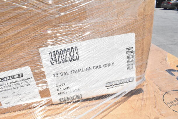 Pallet with Carlisle 34202323 23 Gal Trimline Can, gray, label indicates quantity of 4, made in USA, wrapped in plastic.