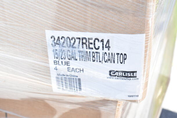 Box label showing "342027REC14 15/23 GAL TRIM BTL/CAN TOP," in blue, 4 each. Made by Carlisle, made in China.
