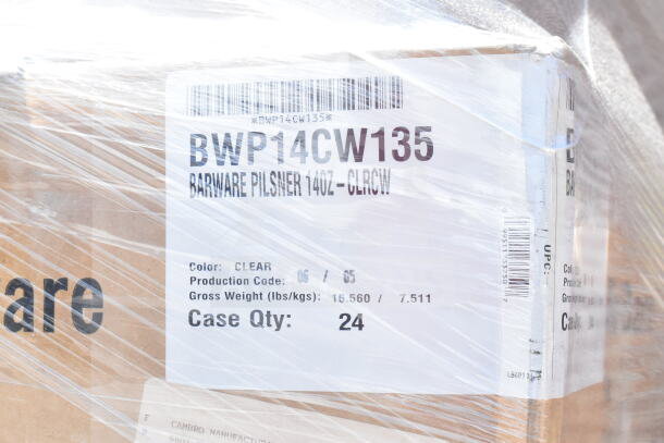 Box labeled BWP14CW135, Barware Pilsner 14oz, color clear, case quantity 24, wrapped in plastic for auction.