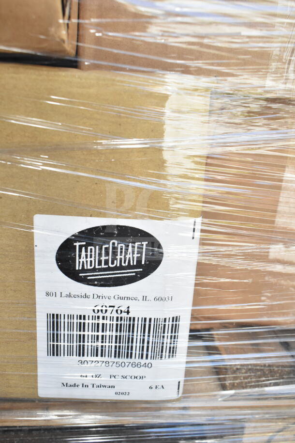Plastic-wrapped pallet with TableCraft branding, showing item label for 64 oz. PC scoop, made in Taiwan, 6 pieces per case.