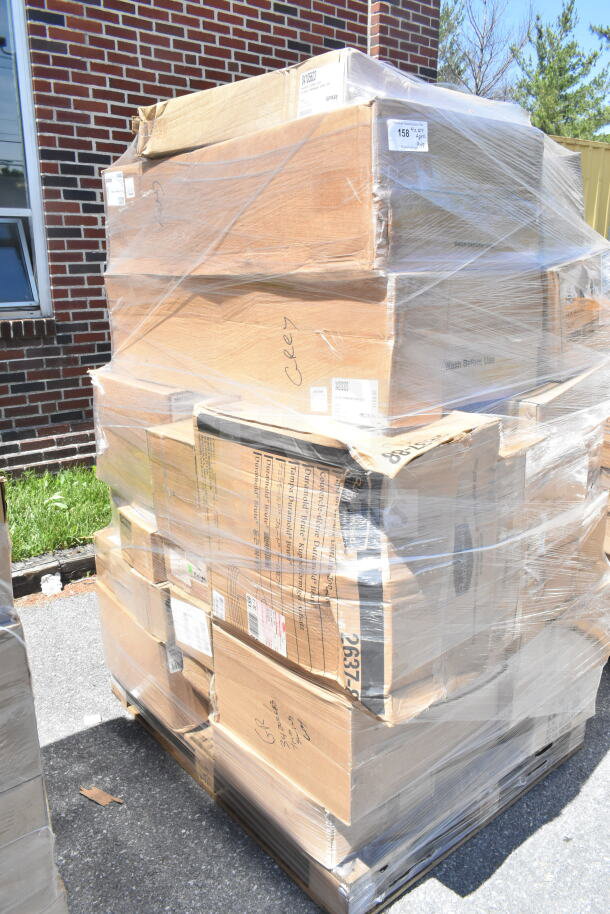 Pallet of 45 brand new scratch and dent items, including platters, cans, glasses, wrapped in plastic. Labels visible.