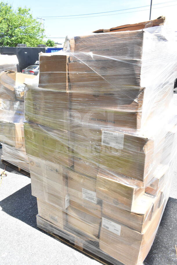 Pallet of brand new scratch and dent items wrapped in plastic, including boxes labeled Mop 369125G14, Buffalo Platters.