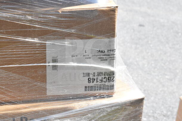 Plastic-wrapped boxes labeled "26CF148 FOOD PAN 1/2X6, WHITE" on a pallet, for auction. Contains 43 kitchen items.