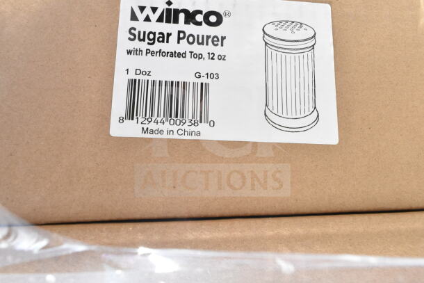 Label of Winco Sugar Pourer box, 12 oz with perforated top. States "Made in China." Part of 43 scratch and dent items auction.