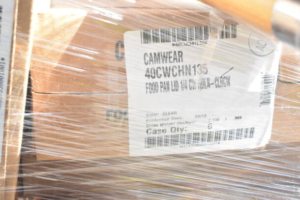 Bundle of 43 new scratch and dent items, including Camwear 60CWCH110 and RFSCWC6135 lids, Winco Sugar Pourer.