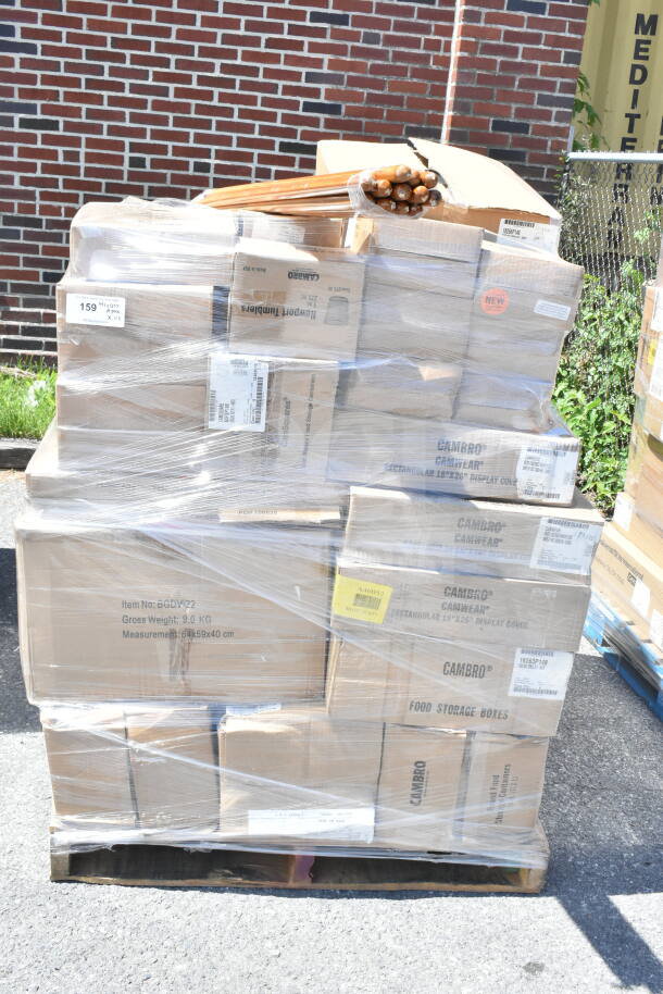 Large pallet with 43 Camwear and Winco items, including food pan lids and sugar pourer, wrapped in plastic. Boxes have visible labels.
