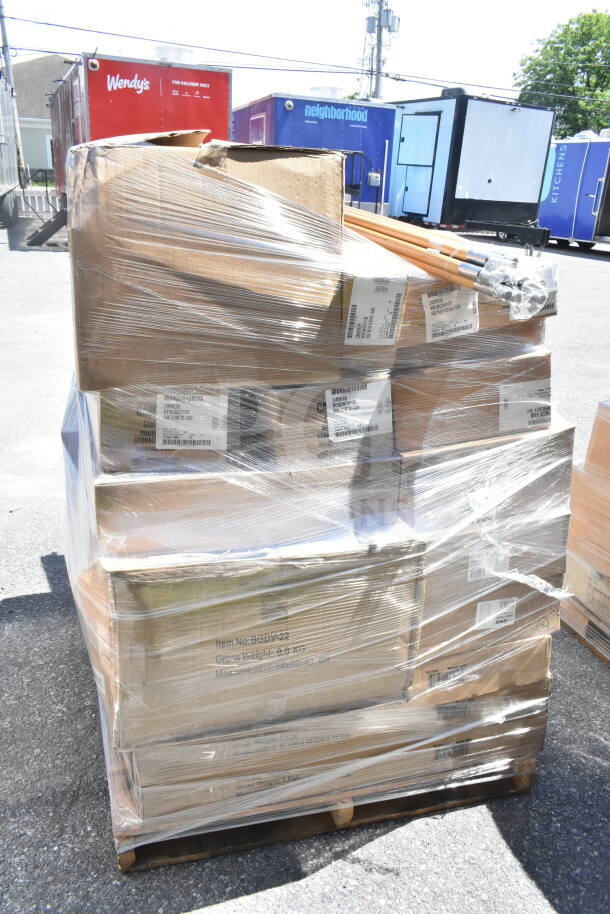 Pallet with 43 scratch and dent items, including Camwear food pan lids and Winco sugar pourers, wrapped in plastic.