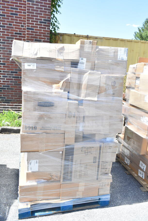 Pallet of 55 brand new scratch and dent items, including Carlisle PS601N00 Quarts, PS701B00 Gallon, Sparta 4037300 Basting Brush, 034301 Crock 1.5 Quart, Winco Disposable Gloves, Mop Bucket. Items wrapped in plastic on a blue pallet.