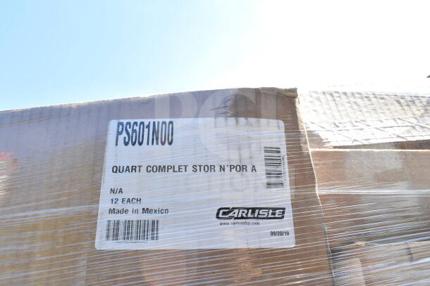 Box labeled "PS601N00" with Carlisle logo, containing 12 quart storage containers, wrapped in plastic, made in Mexico.