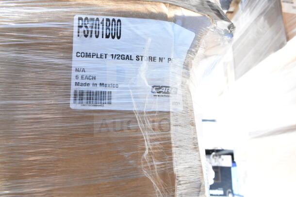 Pallet with Carlisle PS701B00 model items, label states "Complete 1/2 Gal Store N Pour," wrapped in protective film.