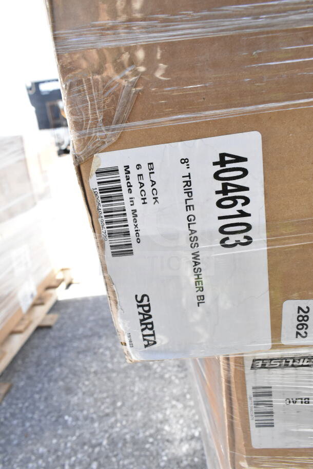 Box labeled "Sparta" with 8" Triple Glass Washer, black, 6 each, made in Mexico, wrapped in plastic.