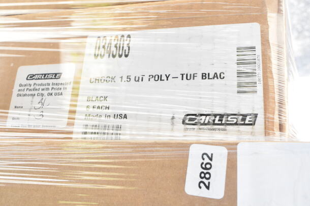 Brown box labeled Carlisle 034303, 1.5 qt Poly-Tuf Black Crock, 6 per pack, Made in USA, sealed in plastic wrap.
