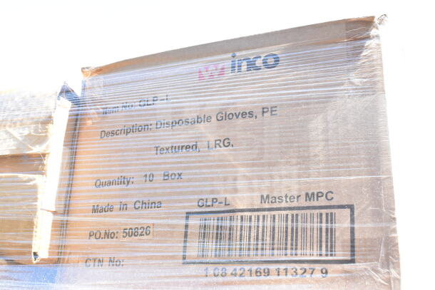 Box labeled "Winco Disposable Gloves, PE, Large, Textured," quantity 10 boxes, visible through wrapping.