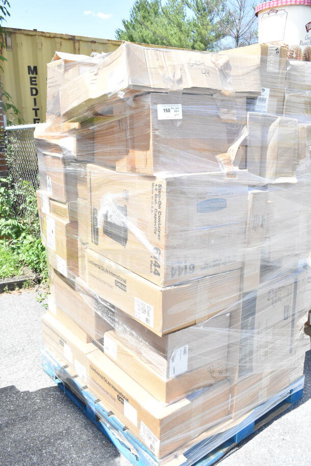 Pallet of brand-new scratch and dent items including Carlisle quarts, basting brush, crock, Winco gloves, and mop bucket.