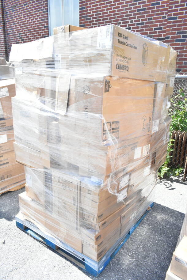 Pallet of 55 brand new scratch and dent items, boxes include Carlisle quarts, mop bucket, disposable gloves, wrapped for auction.