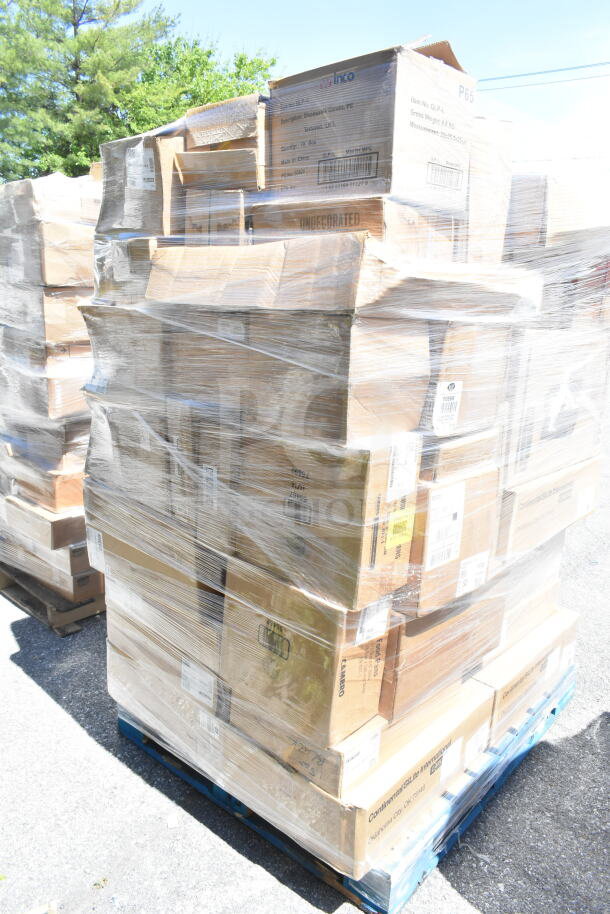 Pallet containing 55 boxed items including Carlisle quarts, gallons, Sparta basting brush, Winco gloves, mop bucket.