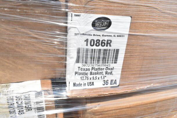 Plastic-wrapped pallet with label showing Texas Platter Oval Plastic Basket, Red, 12.75"x9.5"x1.5", 36 units, Made in USA.