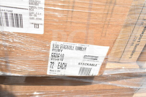 Cardboard box labeled "9.5 oz Stackable Tumbler, Ruby, 550610, 72 each" by Carlisle, wrapped in plastic. Made in USA.