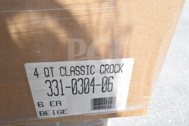 Cardboard box labeled "4 QT Classic Crock 331-0304-06, 6 EA, Beige" shows item description and quantity.