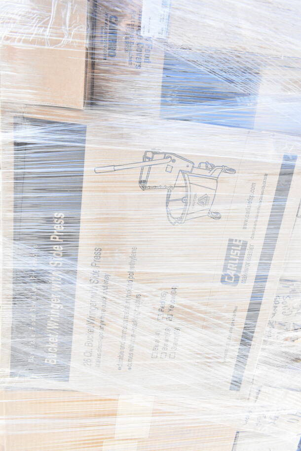 Pallet of 55 new scratch and dent items, including Carlisle quarts and mop bucket, visible in wrapped packaging.