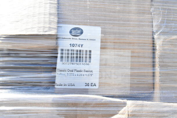 Pallet of 55 new scratch and dent items including Carlisle containers, Sparta brush, crock, gloves; shrink-wrapped with shipping label.