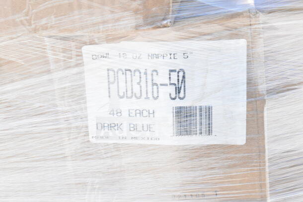 Brand new scratch and dent items, including PCD316-50 dark blue bowls. Label shows "48 Each, Dark Blue."