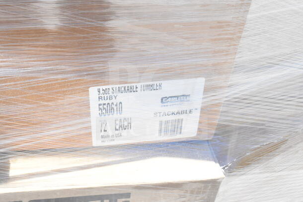 Bundle of 75 new scratch and dent items, including Carlisle 550610 Ruby Stackable Tumblers, packed and labelled.