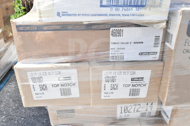 Boxes containing Carlisle 460901 Tongs and 1031007 Solid Lids, labeled with quantity and origin. Pallet wrapped for auction.
