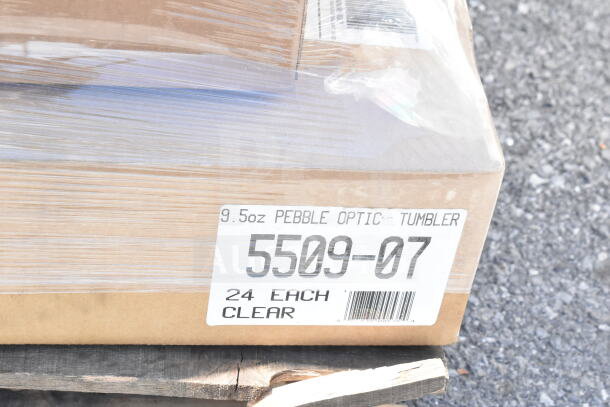 Box of Carlisle 5509-07 Pebble Optic Tumblers, 9.5oz, 24 clear each. Part of 75 item scratch and dent auction lot.