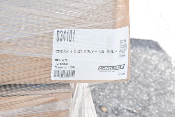 Stacked boxes of Carlisle 1.2 qt poly-tuf crocks labeled "034101," brown, 12 each, Made in USA, wrapped in plastic.