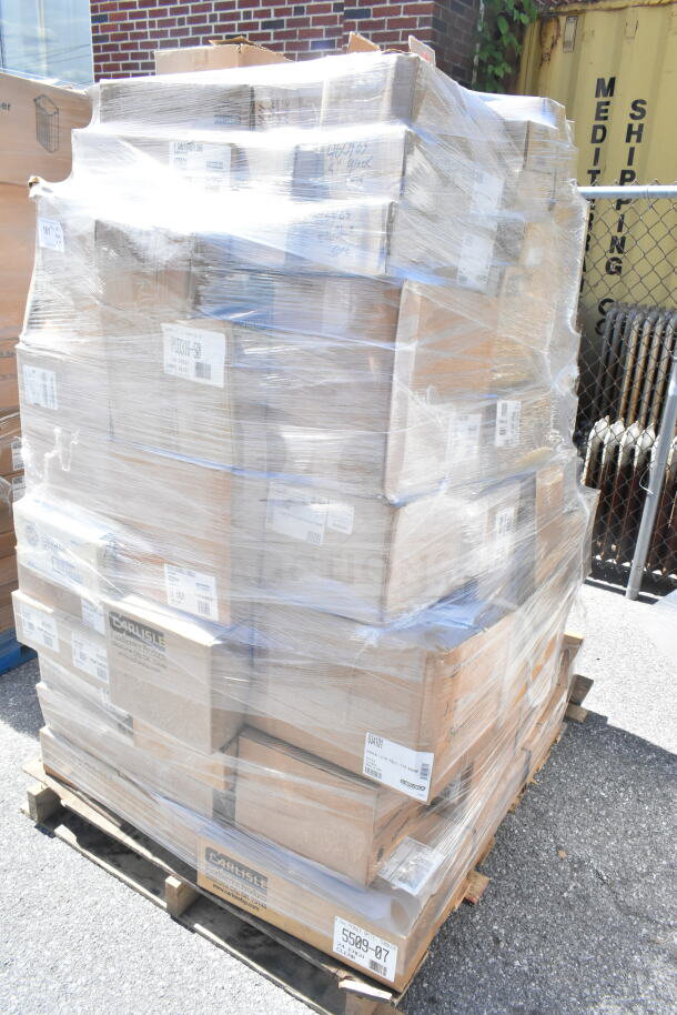 Pallet of 75 scratch and dent items: PCD316-50 bowls, Carlisle tumblers, tongs, and lids, shrink-wrapped for shipping.