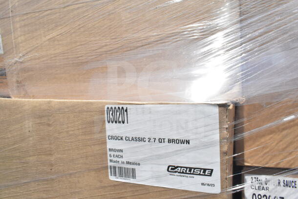 Cardboard box labeled "Crock Classic 2.7 Qt Brown" by Carlisle, wrapped in plastic. Six items per box, Made in Mexico.