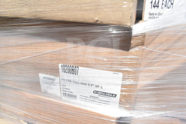 Plastic-wrapped pallet, labeled "Carlisle" and "FD Pan Full Size 2.5" DP C," with "Made in USA" and "6 Each."