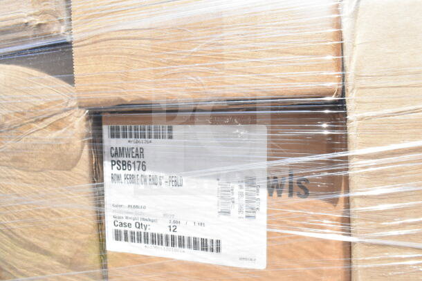 Boxes wrapped for transport with visible label reading "CAMWEAR PSB6176 Pebbled Bowl." Contains assorted kitchenware.