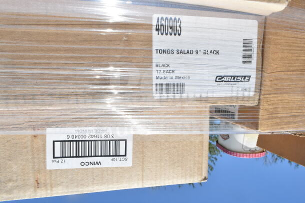 Boxes of scratch and dent Carlisle items, labeled "Tongs Salad 9" Black, 12 Each, Made in Mexico."
