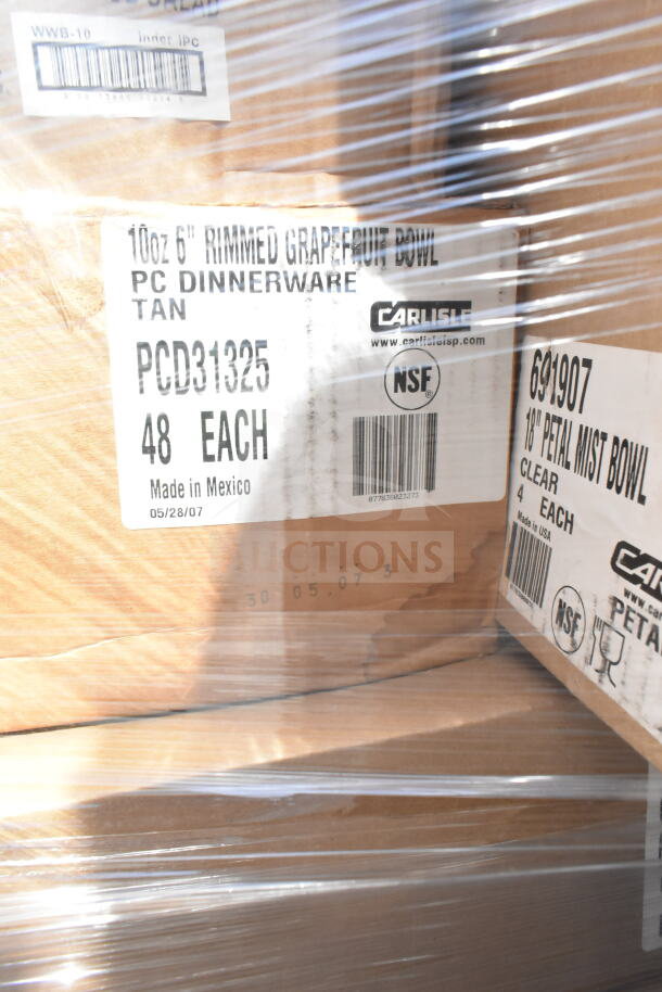 Boxes labeled "Carlisle" containing 10 oz rimmed grapefruit bowls and Petal Mist bowls, 48 and 4 each, Made in Mexico and USA.