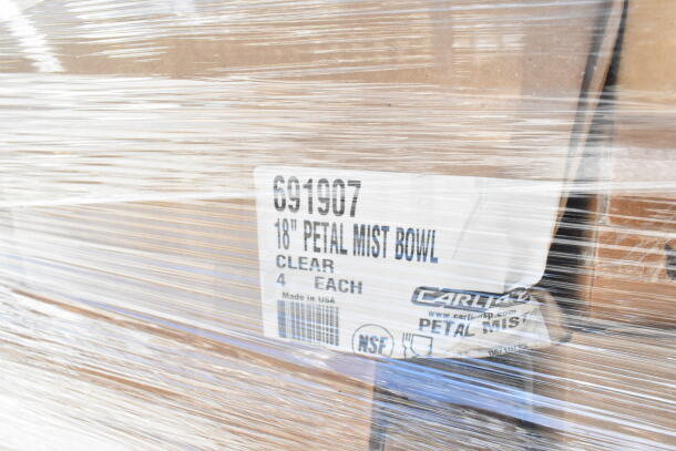 Label on a pallet showing Carlisle 691907 18" Petal Mist Bowl, clear, 4 each, made in USA, wrapped for shipping.