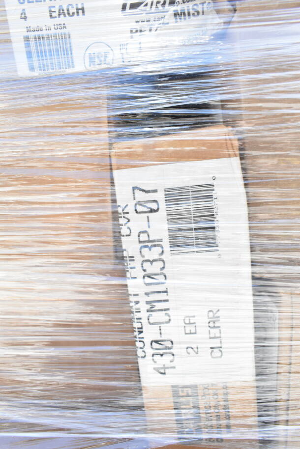 Sealed pallet with 75 new scratch and dent items, including Carlisle Petal Mist bowls, tumblers, and lids. Visible labels.