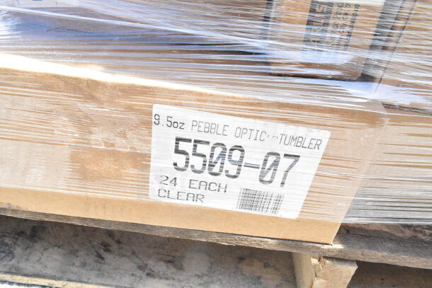 Packaging label for Carlisle 5509-07 Pebble Optic Tumblers, 9.5 oz, 24 per box, labeled "Clear". Items in scratch and dent sale.
