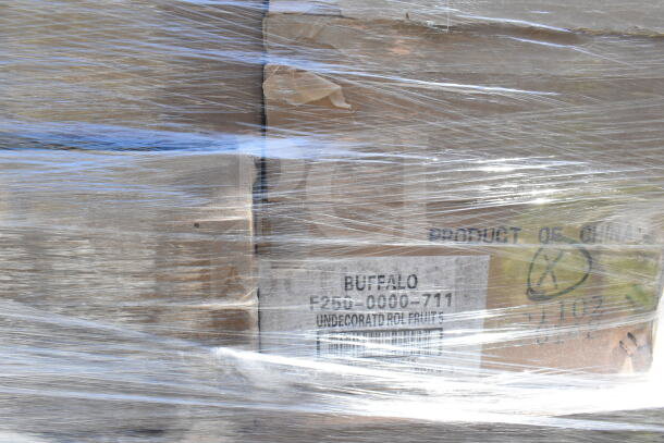 Wrapped pallet of 75 brand new scratch and dent items including bowls, tumblers, tongs, and lids. Label reads "Buffalo."